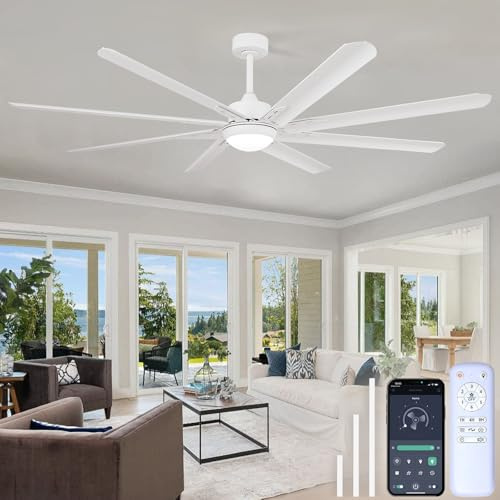 XSXUDODP Ventilateurs de plafond 185 cm avec lumière, Ventilateur de plafond blanc d'extérieur avec éclairage et télécommande, 8 pales aluminium, 6 vitesses, Moteur CC réversible, Blanc