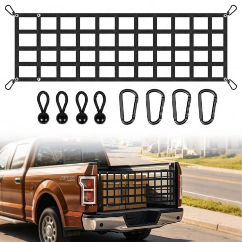 Filet de Chargement pour Lit de Camion, Filet de Hayon pour Camionnette 152x46cm avec 4 Sangles et Mousquetons, Filet de Chargement Robuste 680kg, Filet de Chargement Sangle pour Pick-up SUV Remorque
