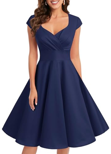 bbonlinedress 1950er Vintage Retro Cocktailkleid Rockabilly V-Ausschnitt Faltenrock Navy 2XL