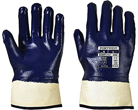 Portwest A302 Helt doppad nitril säkerhetsmanschett Handske, Vanlig, Storlek L, Marin