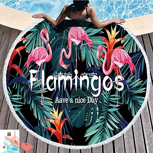 Morbuy Strandtuch Rund 150 Flamingo, Handwerk Quaste Mikrofaser Strand Yoga Matten Tragbare Tapestry Überwurf Tischdecke Picknickdecke Badetuch Schal Unisex 2 Clips (150cm,A)