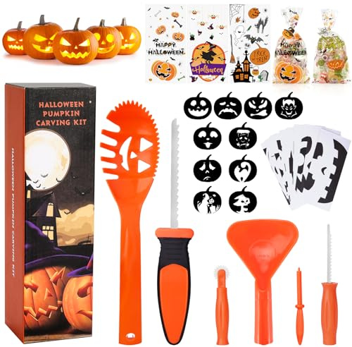 HOTSAN Halloween Kürbis Schnitzset Kinder, 6 Einfach Kürbis Schnitzwerkzeug + 10 Schnitzvorlagen + 20 Zellophan Bonbontüten, DIY Familie Halloween Dekorationen