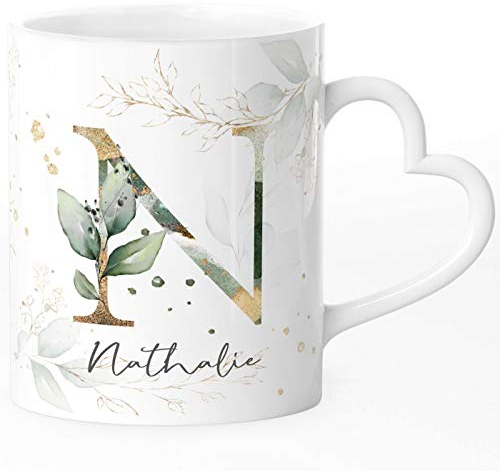 SpecialMe® Kaffee-Tasse mit Buchstabe Monogramm personalisiert mit Wunschname Initiale Blätter-Motiv persönliche Geschenke weiß Herz-Tasse