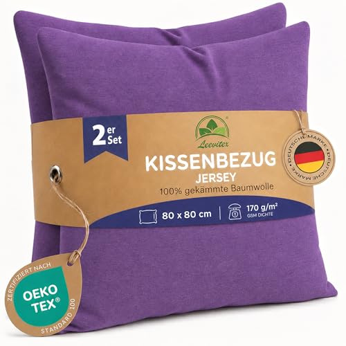 leevitex Kissenbezug 80x80cm - 2er Set - 100% Baumwolle Jersey - Lila | Öko-Tex Zertifiziert · Kopfkissenbezug für Kissen 80x80 cm · Kissenhülle 80x80 · verdeckter Reißverschluss · 170 g/m²