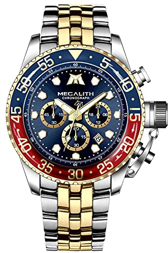 MEGALITH Herrenuhr Gold Edelstahl Chronographen Armbanduhr Herren Wasserdicht Groß Analog Uhr Herren Business Design Uhren fur Männer Blau Zifferblatt Kalender Leuchtend