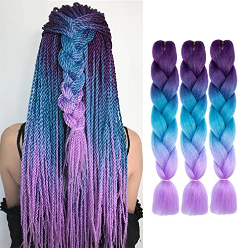 WoWCFyyds Kanekalon Hair Meches Pour Tresses Africaine Rajout Cheveux Tresses 24Jumbo Braid 3Pièces Extension de Cheveux Tresse Ombre Braiding Hair Synthétique（Violet-Bleu lac-Violet clair）