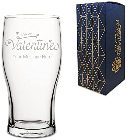Personalised Engraved Pint Glass with Happy Valentines Design, Gift Boxed, Personalise with Any Message for Valentines, Anniversaries
