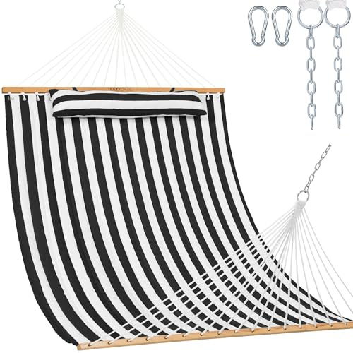 Lazy Daze Hammocks 12 FT Quilted Hammock with Spreader Bar, 2-Person Double Hammock with Chains and Pillow, Outdoor Hammock for Outside Patio Poolside Backyard Beach, 450 lbs Capacity, Black White