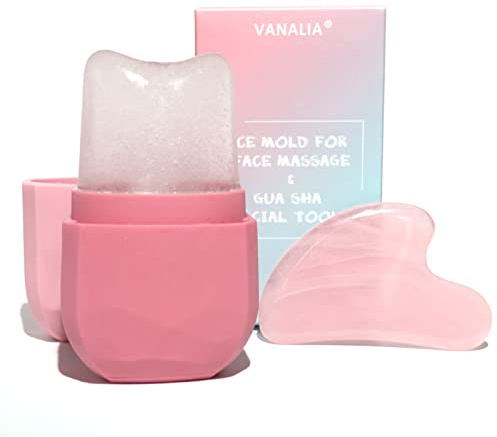 VANALIA Ice Roller and Gua Sha Set for Face, Eyes and Neck - Skin Care Beauty Tools to Brighten Skin and Enhance Natural Glow (Pink)