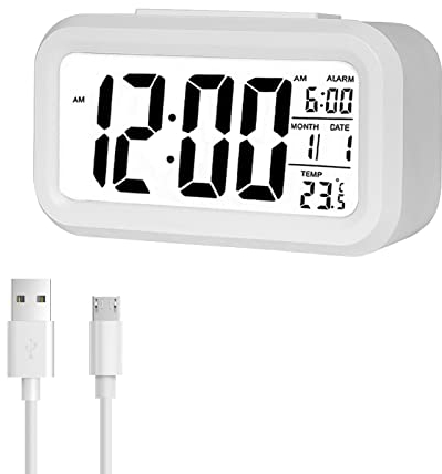 Jsdoin Reloj Despertador Digital, LED Pantalla Reloj Alarma Inteligente con Temperatura, Sensor de Brillo, 12/24 Horas, Función Snooze y Alarma para Dormitorio, Hogar, Oficina(Recargable,Blanco)