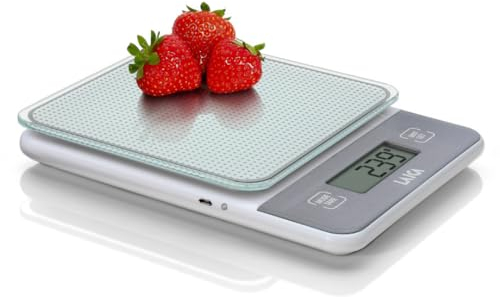 Bilancia elettronica da cucina LAICA, bilancina digitale, per cucinare, in grammi o once, display LCD ad alta precisione in vetro temprato, funzione Tara, ricaricabile - Portata di 5 kg