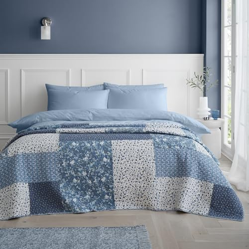 Bianca Limited Edition 220x230cm Cotton Floral Patchwork Bedspread Throw Blue White