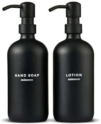 MaisoNovo Dispenser per sapone da bagno, set di 2 pezzi - Dispenser per sapone liquido da 500 ml - Flaconi neri con pompe e etichette in plastica nera