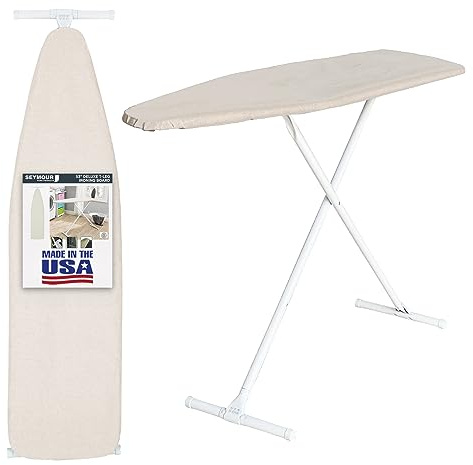 Full Size Ironing Board with Cover & Pad – Made in USA by Seymour Home Products Adjustable Steel T-Legs, 35 High Perforated Top for Steam Durable Iron Board for Home, Laundry Room (Beige)