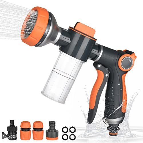 DIYARTS Garden Foam Hose Water Sprayer, Heavy Duty Hose Nozzle Sprayer Gun, 8 Adjustable Sprayer Gun Flow Control Setting with 4 Water Pipe Connection Accessories for Car Washing Plants Watering