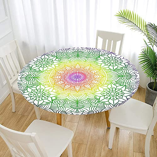 FANSU 3D Mandala Runde Tischdecke,Elastische Kanten Abwischbare Lotuseffekt Tischdecken Abwaschbar Tischtuch für Dekoration Outdoor-Party, Picknick,Garten (Smaragdgrün,Durchmesser 140cm)