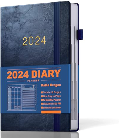 KaKa Dragon Kalender 2024 Buchkalender Agenda, Tagebuch Planer A5 Terminplaner 1 Tag 1 Seite mit Monatsregistern, (416 Seiten) Hardcover Blau
