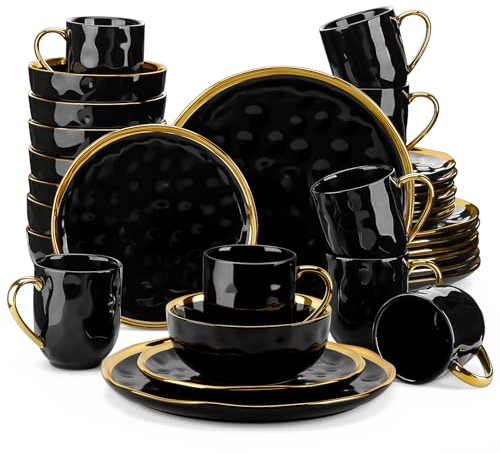 LOVECASA Serie Apollo Servizio di Piatti con Bordo Oro Servizio Combinati in Grès Set di Stoviglie per 8 Persone, 32 Pezzi con 8 Ciotole, 8 Tazze, 8 Piatti da Dessert e 8 Piatti Piani Nero
