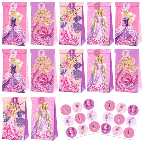 12 Prinzessin Geschenktüten mit 18 Aufkleber,Geschenktüte Party Geburtstagstüten,Candybar Tüten,Süßigkeiten Tüten,Partytüten Kindergeburtstag,Tüten Mitgebsel Kindergeburtstag,Klein Geschenk Tüten-Rosa