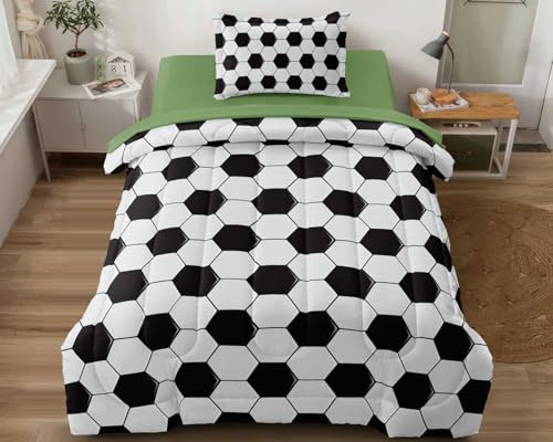 Leaflin Soccer Comforter Set Twin for Boys Girls, 4 Pieces Soccer Bedding Twin Bed in a Bag Set with Sheets, Black and White Bed Sets for Teenage