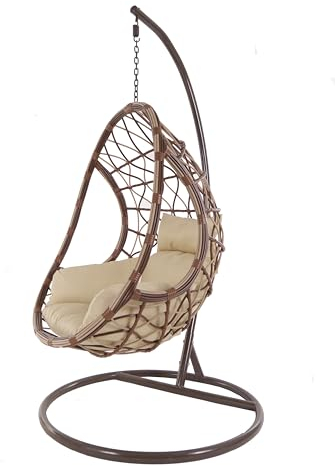 Kideo® Komplettset: XXL Hängesessel mit Gestell & Kissen, zweifarbig, naturfarben, Polyrattan, Lounge, Korbsessel (Rattan: beige-braun, Kissenfarbe: beige)