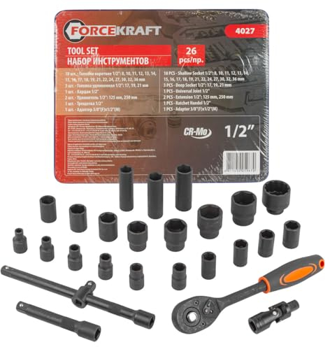 FORCEKRAFT Set di chiavi a bussola (1/2 pollici, flessibili grazie alle estensioni e agli adattatori, 26 pezzi)