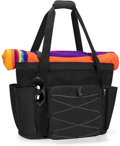 Fasrom Strandtasche XXL mit Reissverschluss unten, badetasche Groß | Mit Trennsystem mit 2 Schichten, Wasserdichter Tasche, 6 Elastischen Taschen und 1 Reißverschlusstasche für Strandutensilien