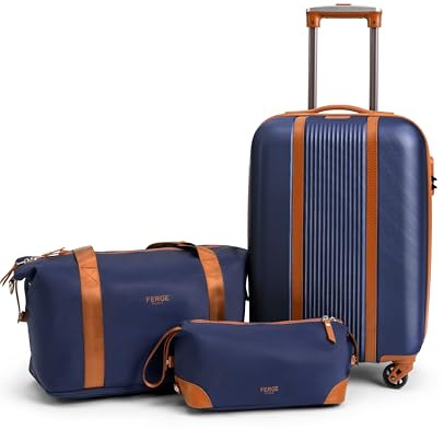 FERGÉ Handgepäck Koffer Set 3 teilig Kabinenkoffer Hartschale 55 x 40 x 22 cm + Reisetasche + Kulturbeutel - Reisekoffer Kabinen-Trolley 4 Rollen, Reisen leicht blau