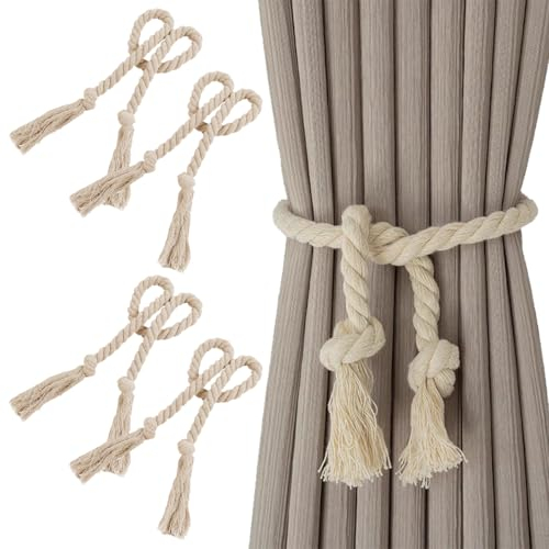 4 Pezzi Fermatenda per Tende con Corda di Canapa Intrecciata, Corda per Tende con Fermatenda, Fermatenda Decorativi per Tende, Fermatende Corda Beige per la Decorazione Delle Tende di Casa e Ufficio