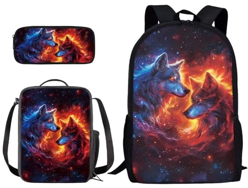 Poceacles Rucksack mit Lunchtasche, Federmäppchen, 3er-Set, Schulbüchertasche mit Reißverschluss, Federmäppchen, wiederverwendbar, Bento-Lunchbox, Wolf Flame, Einheitsgröße