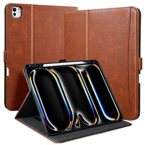 Zinibri Handgemacht Hülle für iPad Pro 13 Zoll M5/M4 (2025/2024) mit Stifthalter Handschlaufe Tasche,Auto Schlaf/Wach,Magnetverschluss,Multi Winkle Stand,PU Leder Schutzhülle Case Cover,Braun