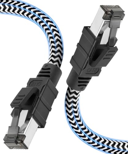 Qiuean Cat 8 LAN Kabel 15m, 40 Gbit/s Nylon Geflochtenes Netzwerkkabel | 2000 MHz Hochgeschwindigkeits-Ethernetkabel, Patchkabel mit RJ45-Stecker für PS5, Laptop, Router, Gaming, Modem