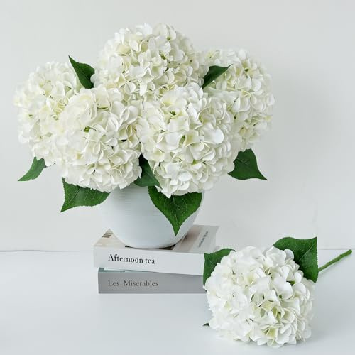 ZYTUYO 5 Pcs White Silk Hydrangeas Aritificial Flower Boho 20'' Faux Dried Touch Hydrangeas for Spring Indoor Home Decor Kitchen Living Room Porch Outdoor Wedding Flower Arrangement