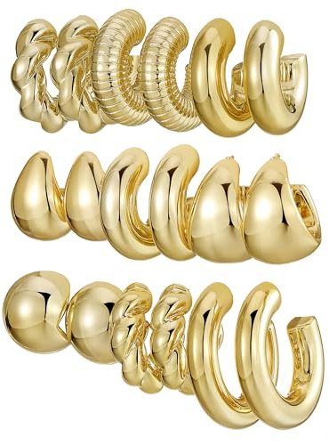IFKM 9 Pairs Gold Hoop Earrings Set For Women Hypoallergenic Chunky Chain Twisted Open Hoops Dangle Earring Packs For Birthday Party Christmas Fashion Jewelry Gift