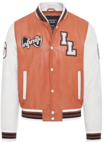 Chaqueta bomber Letterman de cuero blanco tostado de béisbol para hombre
