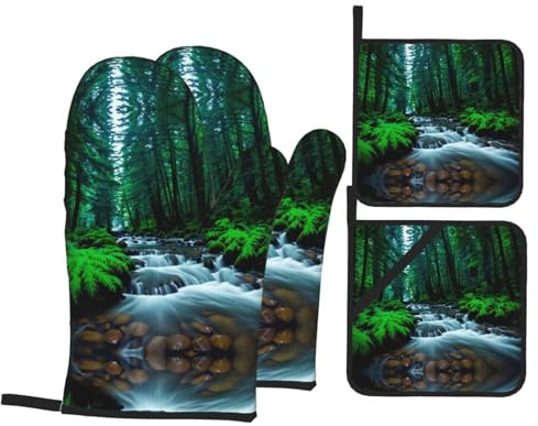 Nature Landscape Stream Patterned Oven Mitts and Pot Holders, Heat Resistant Grill Mitts for Kitchen Uncovered Microwave Oven End Plates (Set of 4)