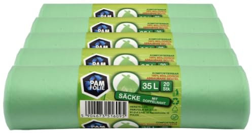 PAM-FOLIE Biomüllbeutel 35L - 100 Stück - Kompostierbare Müllsäcke - 5 Rollen - Biologische, reißfeste Abfallsäcke für Biotonne, Restmülltonne, Küche, Büro, Wohnzimmer