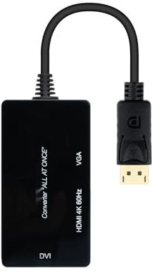 Convertitore multifunzione DP a HDMI, DVI e VGA di colore nero, con una lunghezza di 20 cm, ideale per collegare diversi dispositivi di visualizzazione.