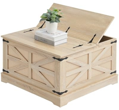 VEVOR Mesa de Centro de Ratán de 800 x 800 x 460 mm, Mesa de Centro Rectangular de Madera Tejida de Ratán Sintético con Tablero de MDF, Bisagras de Metal Retro para Sala de Estar, Color Madera