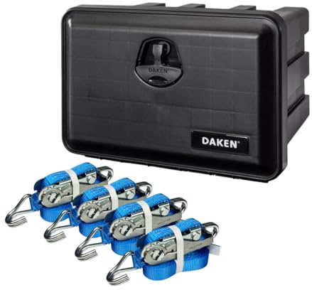 LOADCARE Ladungssicherung Set für PKW Transporter Anhängerkiste wasserdichte Deichselbox mit Zubehör 500x350x400 (Mit 4 x Ratschenzurrgurt 2tlg.)