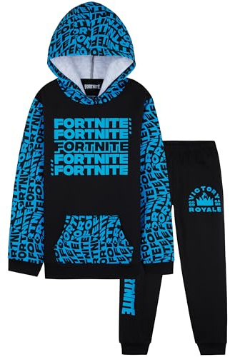 Fortnite Tuta Ragazzo, Completo Tuta Bambino con Felpa con Cappuccio e Pantaloni, Comodo Abbigliamento da Casa, Regali Ragazzi (14-15 Anni, Nero/Blu)