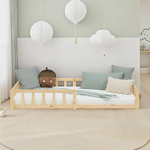 Homestyle4u Bodenbett 90x200 cm - Montessori Kinderbett mit Rausfallschutz | Massivholz Kiefer Natur - Inklusive Lattenrost - Stabiles Holzbett fuer Kleinkinder - Niedriges Hausbett Design