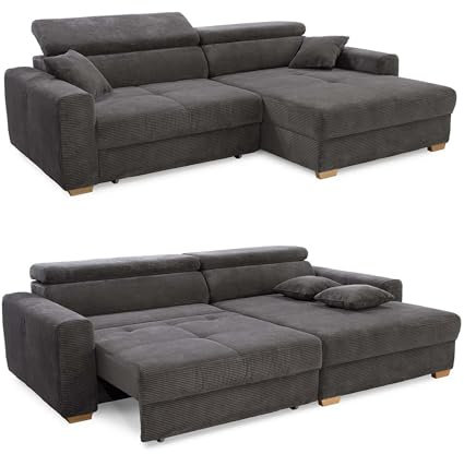 Ecksofa B277/H187/T109 cm mit elektrischer Sitztiefenverstellung, 60 cm ausfahrbar, Kopflehnen höhenverstellbar, USB-A u.USB-C Ladefunktion, Ottomane beidseitig montierbar, Cord Grau Anthrazit / 15402