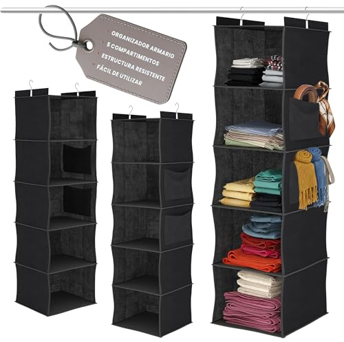 AMMERGI Organizador Armario Colgante, Organizador de Armario con 5 Estantes y Bolsillos Laterales - con 2 Ganchos (30 * 30 * 102 cm) Y Refuerzo de Bambú (Negro) 2 Piezas