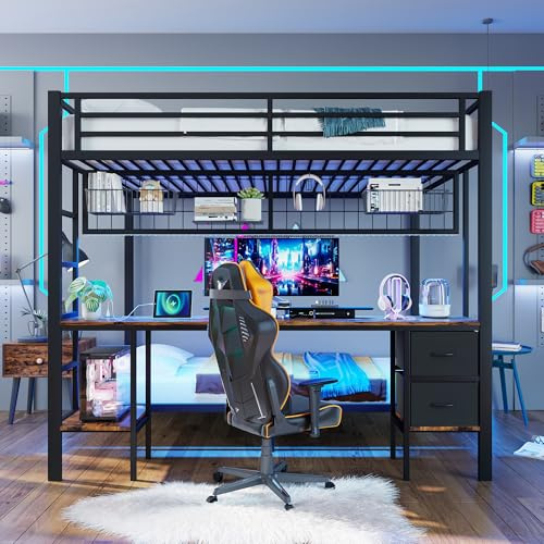 Oxtao Litera 90 x 200 + 140 x 200 cm, cama alta con escritorio, estantes y cajones, con tira LED de 7 colores, conexión USB, cuna de marco de hierro, sin colchón (negro)