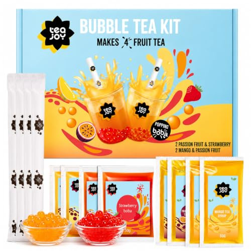 TeaJoy Fruit Bubble Tea Kit (Makes 4 Drinks) - Passionfruit & Mango Tea Syrups with Strawberry & Passionfruit Popping Boba - Just Add Water & Ice - Vegan-Friendly & Fun