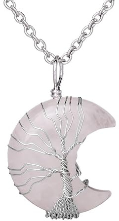 Collier Pendentif Arbre De Vie Enroulé En Fil De Fer Reiki Croissant De Lune Énergie Cristal Bijoux Spirituels Fait Main Pierres Précieuses Naturelles Pour Femmes Quartz Rose Chaîne En Argent