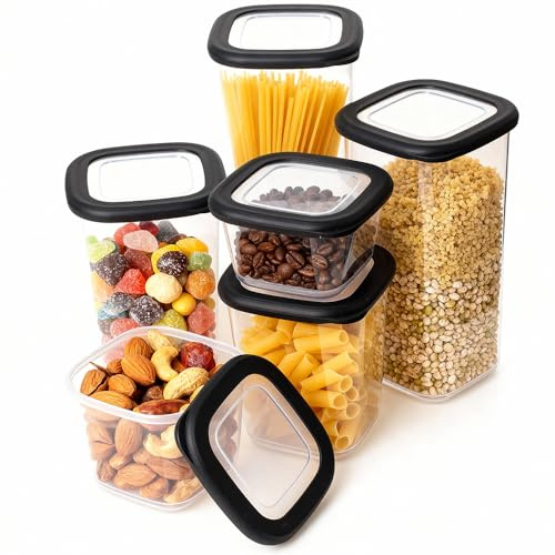 ionEgg Set di 6 contenitori per alimenti in plastica con coperchio, con etichette, impilabili, per alimenti secchi, snack, pasta e preparazione dei pasti