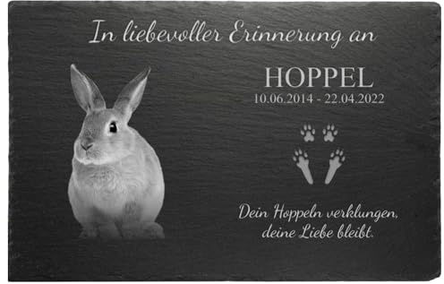 eGenuss Personalisierter Kaninchen Gedenkstein aus Schiefer – Lasergravur mit Foto & Text – wetterfeste Erinnerungstafel 30x20 cm – Grabstein für Kaninchen & Hasen