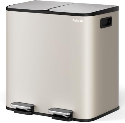 GarveeHome Pattumiera Cucina 2x15L Separazione Rifiuti, Pedale Acciaio Inox Pedali Separati Chiusura Ammortizzata,Secchi Interni Rimovibili Riciclaggio Organici Domestici (Bianco)